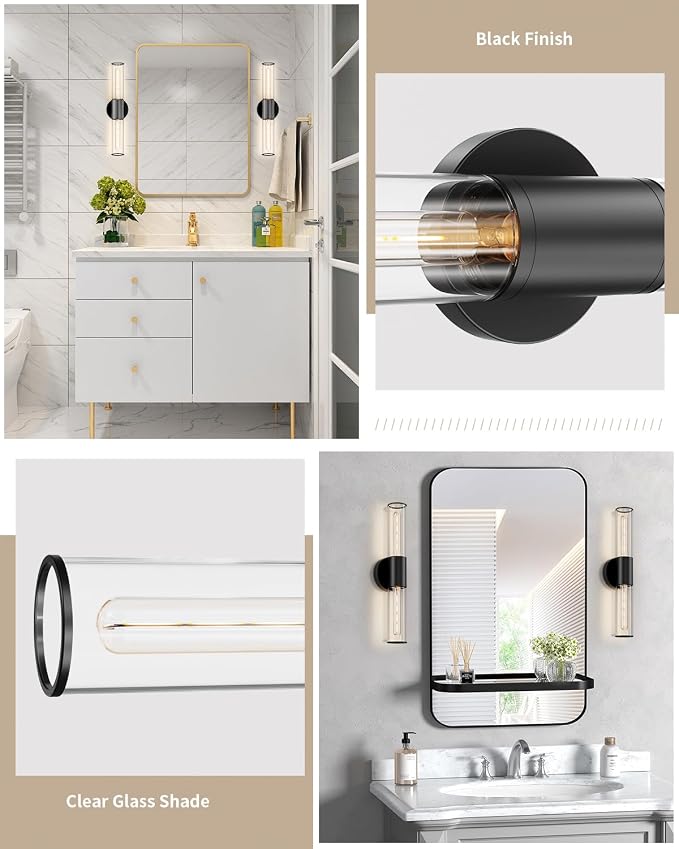 Bathroom Vanity Light Fixture, 2-Light Black Wall Sconce Lighting Fixture with Clear Glass, Indoor E26 Stocket Wall Lamp for Mirror Living Room Hallway(Bulb Not Included)