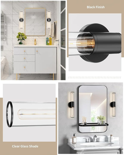 Bathroom Vanity Light Fixture, 2-Light Black Wall Sconce Lighting Fixture with Clear Glass, Indoor E26 Stocket Wall Lamp for Mirror Living Room Hallway(Bulb Not Included)