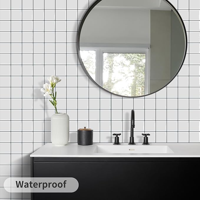 DEWOO Peel and Stick Backsplash Self Adhesive Wall Tiles White,10-Sheet | Checkered,Solid,Square,Sticky,for Kitchen,Bathroom,Laundry,Sink,12"×12"