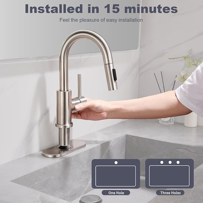 Brushe Nickel Bathroom Sink Faucet with Pull Down Sprayer | 2 Mode Sprayer, with Deck Plate for 1 or 3 Hole, 360° Swivel, with Pop Up Drain for Vanity Bar RV Basin Laundry Kitchen