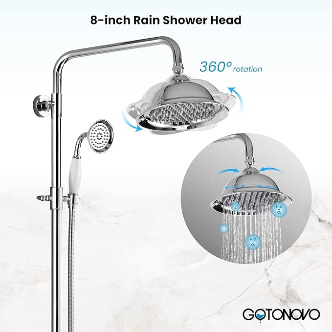 gotonovo Polish Chrome 8 inch Rainfall Shower Head With Adjustable Ceramics Handheld Sprayer Dual Functions Exposed Shower Faucet with Shower Shelf Wall Mounted Double Cross Handles