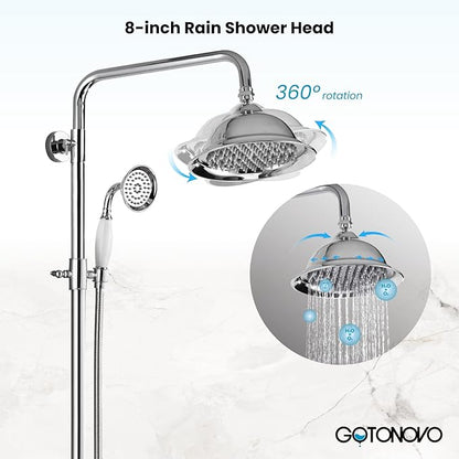 gotonovo Polish Chrome 8 inch Rainfall Shower Head With Adjustable Ceramics Handheld Sprayer Dual Functions Exposed Shower Faucet with Shower Shelf Wall Mounted Double Cross Handles