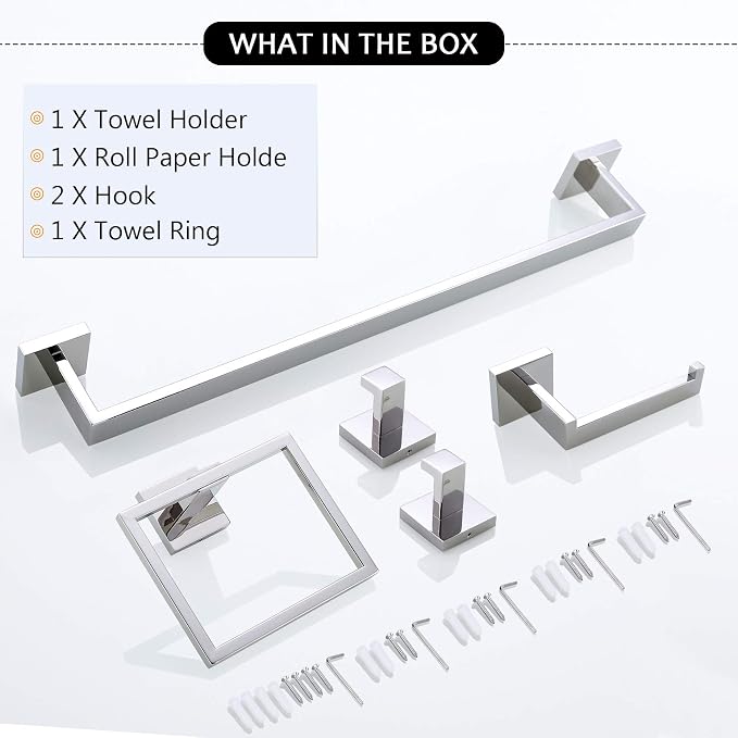 Bathroom Hardware Accessories Set Polished Chrome Towel Bar Sets Include Towel Bar Towel Holder Toilet Paper Holder Towel Hook,5 Pieces Stainless Steel Wall Mounted