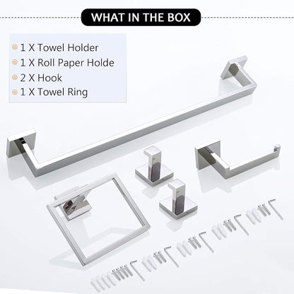 Bathroom Hardware Accessories Set Polished Chrome Towel Bar Sets Include Towel Bar Towel Holder Toilet Paper Holder Towel Hook,5 Pieces Stainless Steel Wall Mounted