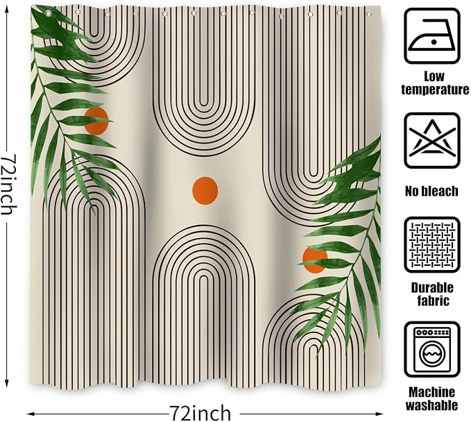 Boho Mid Century Modern Shower Curtain, Abstract Arch Leaf Minimalist Sun Beige Machine Washable Waterproof Fabric for Bathroom Bathtub with Hooks 72x72