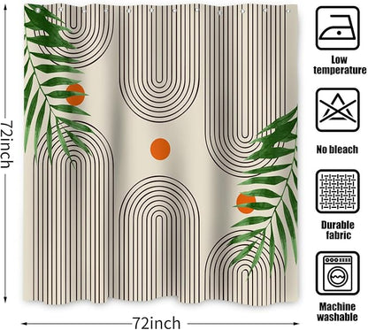 Boho Mid Century Modern Shower Curtain, Abstract Arch Leaf Minimalist Sun Beige Machine Washable Waterproof Fabric for Bathroom Bathtub with Hooks 72x72