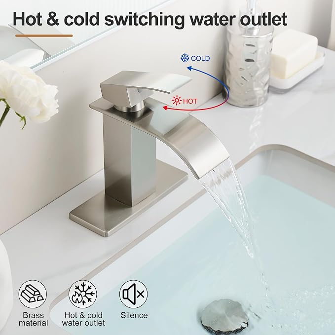 Waterfall Bathroom Faucet, Single Handle Brushed Nickel Sink Faucet 1 Hole or 3 Hole for Lavatory, Washbasin, Vanity, Commercial, with Deck, Pop-up Drain and Supply Hoses