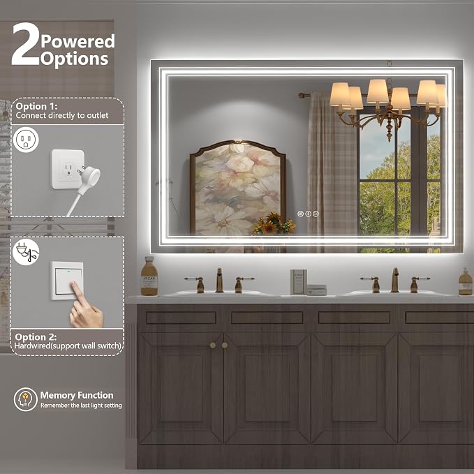 44x30 LED Bathroom Mirror | Dimmable, Backlit and Front Lighted Vanity Mirror, Anti-Fog, Shatterproof, Memory, ETL Listed (Horizontal/Vertical)