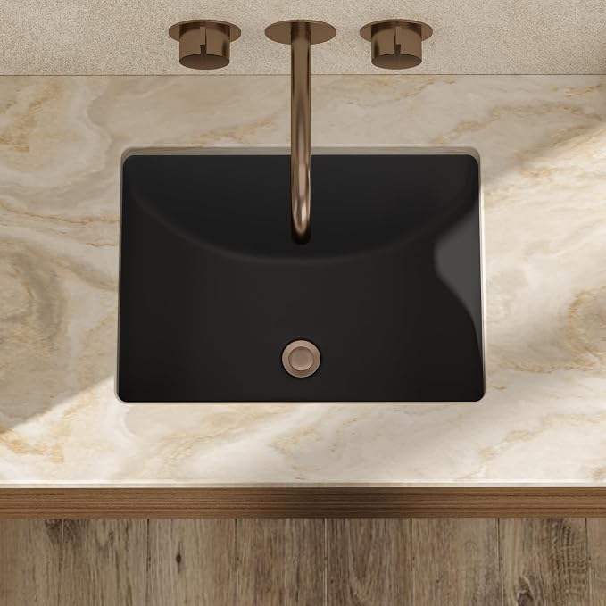 18x14 Inch Black Rectangle Undermount Bathroom Sink | Interior Bowl Size 16"W x 12"D, Ceramic, Curved Bottom, Easy to Clean, with Overflow, Ideal for Bathroom, Lavatory, Vanity
