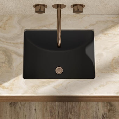 18x14 Inch Black Rectangle Undermount Bathroom Sink | Interior Bowl Size 16"W x 12"D, Ceramic, Curved Bottom, Easy to Clean, with Overflow, Ideal for Bathroom, Lavatory, Vanity