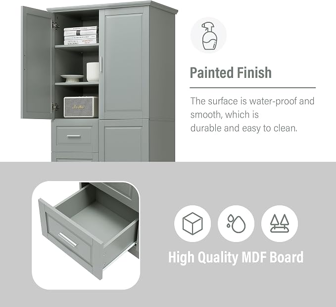 Merax 62.2" Pantry Cabinet with Three Doors & Three Drawers, Adjustable Shelves Storage Cupboard for Kitchen/Dining Room/Bathroom, Gray