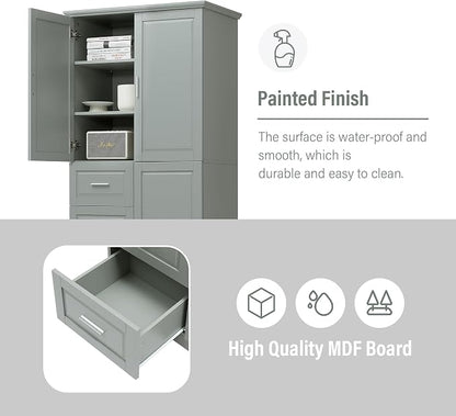 Merax 62.2" Pantry Cabinet with Three Doors & Three Drawers, Adjustable Shelves Storage Cupboard for Kitchen/Dining Room/Bathroom, Gray