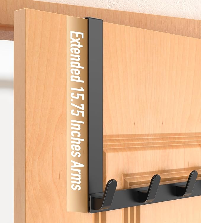 Long Over The Door Hooks with 15.75-inch Arms for Easier Access By Women, Heavy Duty Door Hanger for Winter Coat, L16U, Fits Standard 1 3/4'' Doors, Towel Racks Organization, Black