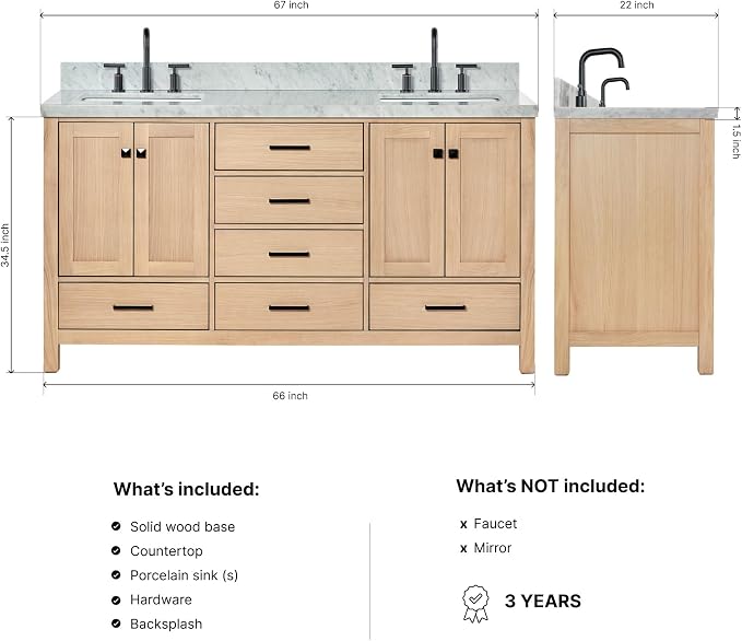 Beckford 66-Inch Oak Double Bathroom Vanity with Sink, Italian Carrara Marble Countertop 1.5" Edge & Backsplash, Soft Closing Doors & Drawers, Matte Black Hardware