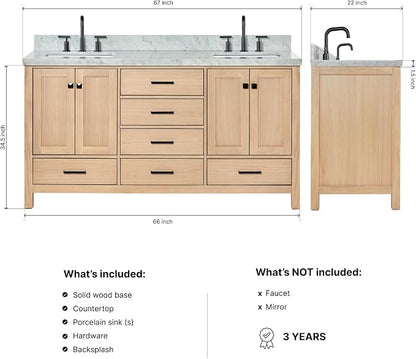 Beckford 66-Inch Oak Double Bathroom Vanity with Sink, Italian Carrara Marble Countertop 1.5" Edge & Backsplash, Soft Closing Doors & Drawers, Matte Black Hardware