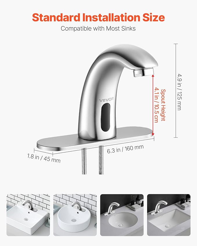 VEVOR Touchless Bathroom Sink Faucet, Automatic Motion Sensor Restroom Toilet Faucet with Hole Cover Plate, Battery Operated,Adjustable Temp for 9/16 in Pipe Commercial Lavatory,Brushed Nickel Silver