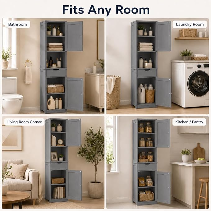 Walsunny Tall Bathroom Storage Cabinet with 6 Adjustable Shelves, Gray | Anti-Tip Safety, Waterproof MDF, 2 Doors + 1 Drawer, Easy Assembly, for Bathroom/Living Room/Kitchen