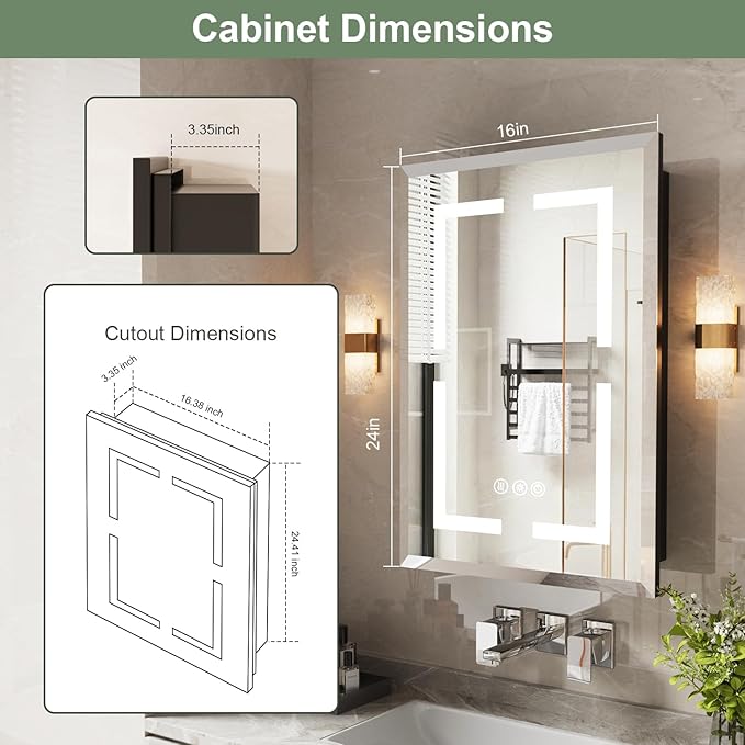 Medicine Cabinet, LED Mirror Cabinet for Bathroom with 3-Color with Mirror Defog, Recessed or Surfaced Wall-Mounted (16X24)
