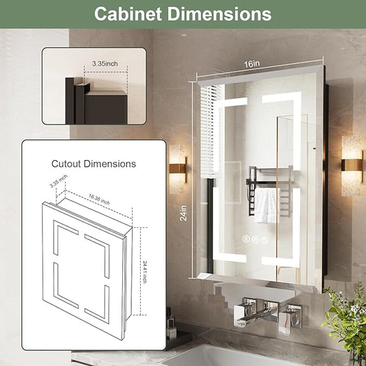 Medicine Cabinet, LED Mirror Cabinet for Bathroom with 3-Color with Mirror Defog, Recessed or Surfaced Wall-Mounted (16X24)