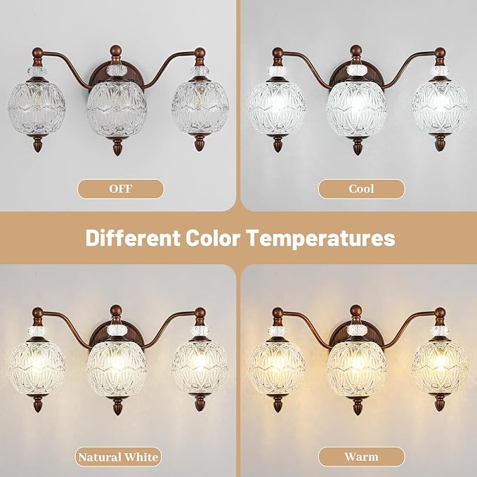 Vintage Bathroom Vanity Light, 3-Light Mid Century Antique Red Bronze Finish Wall Sconce with Globe Glass Shades, Retro Mirror Light for Bathroom, Powder Room