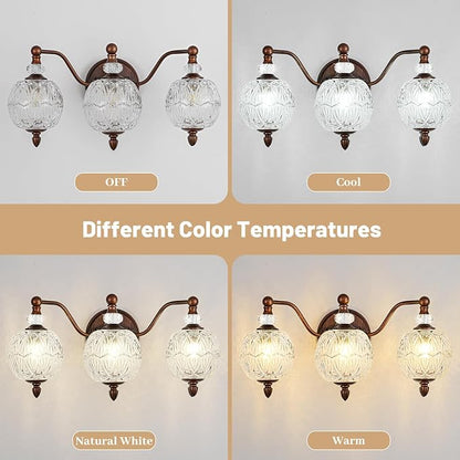 Vintage Bathroom Vanity Light, 3-Light Mid Century Antique Red Bronze Finish Wall Sconce with Globe Glass Shades, Retro Mirror Light for Bathroom, Powder Room