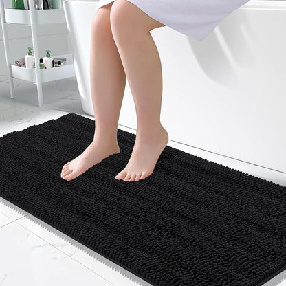 OLANLY Thick Large Bathroom Rugs 50x30, Soft Chenille Bath Rugs, Black | Absorbent Striped, Rubber Backing, Machine Wash Dry, Bath Mats for Bathroom Floor, Tub and Shower, Home Decor Accessories