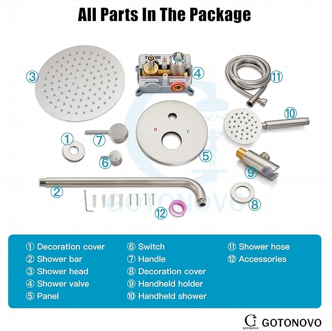 gotonovo High Pressure Shower System Valve and Trim Kit,Brushed Nickel | Round Rain 10 Inch Shower Head with Handheld Faucet Set Complete,Rough In Valve,2-in-1 Diverter,All Metal,Bathroom Wall Mount