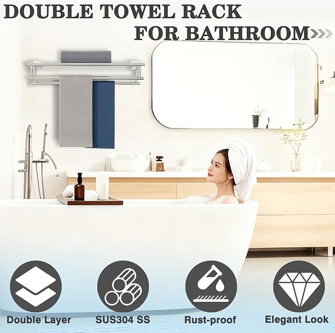 Alise Double Towel Rack for Bathroom Wall Mounted 16 Inch,Brushed Nickel | Bathroom Tower Holder Towel Shelf with Double Towel Bars,SUS304 Stainless Steel Towel Rack with Shelf for Lavatory Kitchen