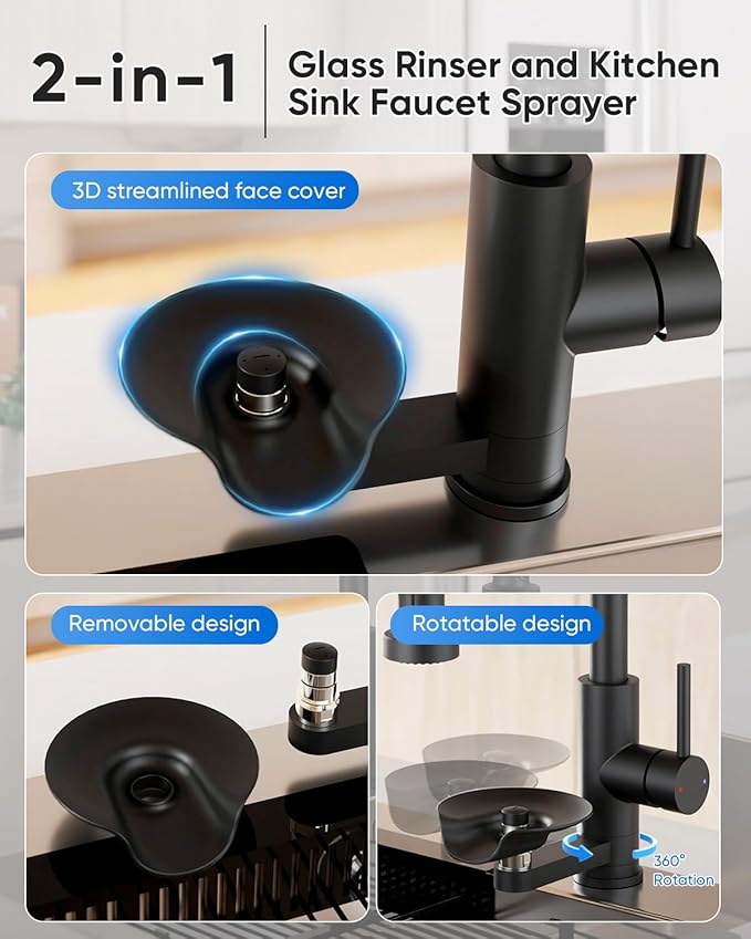 OWOFAN Kitchen Faucet with Cup Washer Pull Down Sprayer Stainless Steel Kitchen Sink Faucet with Deck Plate Glass Rinser Single Hole Black