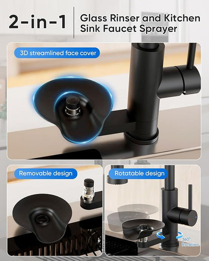 OWOFAN Kitchen Faucet with Cup Washer Pull Down Sprayer Stainless Steel Kitchen Sink Faucet with Deck Plate Glass Rinser Single Hole Black