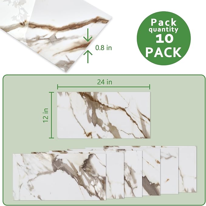 10-Sheet Subway Peel and Stick Backsplash, 12" x 24" Glossy Calacatta Gold Acrylic Self Adhesive Waterproof Wall Stickers, Stick on Tiles for Kitchen Bathroom Shower