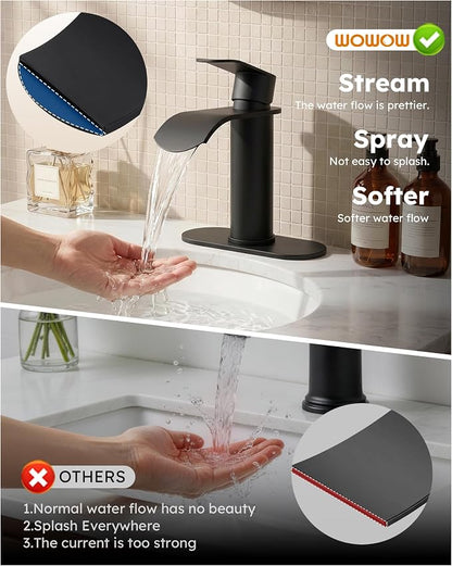 WOWOW Waterfall Bathroom Faucet Matte Black: Bathroom Sink Faucet for 1 Hole or 3 Holes, Single Handle Vanity Faucet with Pop up Drain, Stainless Steel Basin Sink Tap for RV Lavatory