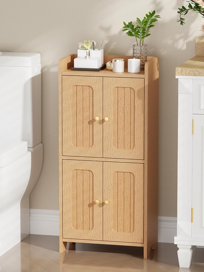 BEWISHOME Small Floor Cabinet,Toilet Paper Storage,Bathroom Storage Cabinet | with 4 Doors and Shelves, Bathroom Organizers and Storage for Small Spaces, Natural 7.9" D x 14.6" W x 31" H YYG11Y