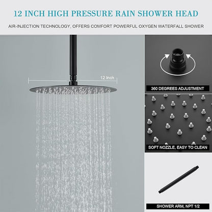 Matte Black Shower System With 12 Inches Rainfall Head and Handheld Set, High Pressure Faucet With Brass Valve for Bathroom Ceiling Mounted Fixture