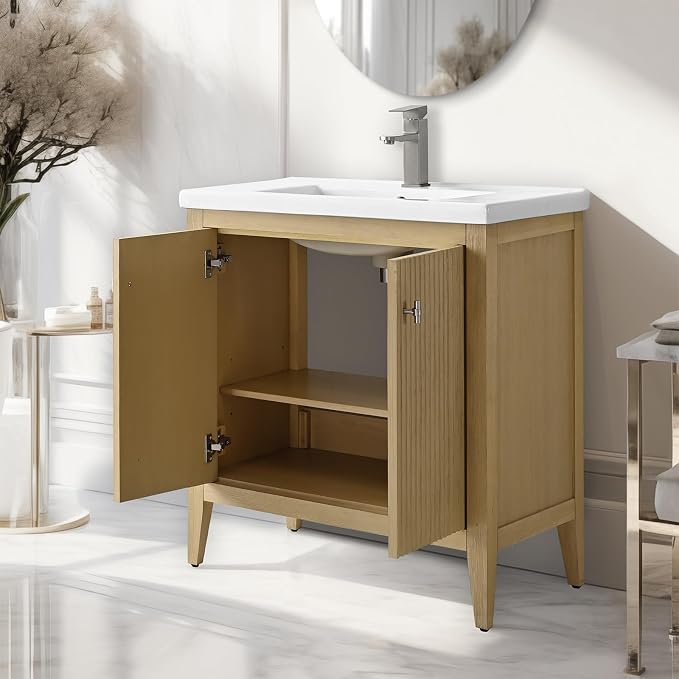 Vanity Art 30 inch Oak Bathroom Vanity with Single Sink & Ceramic Top, Vanity Cabinet with Soft-Closing Door, Solid Wood Frame, Linear Pattern, Natural Oak, VA9130-NO-MB,Matte Black Handles