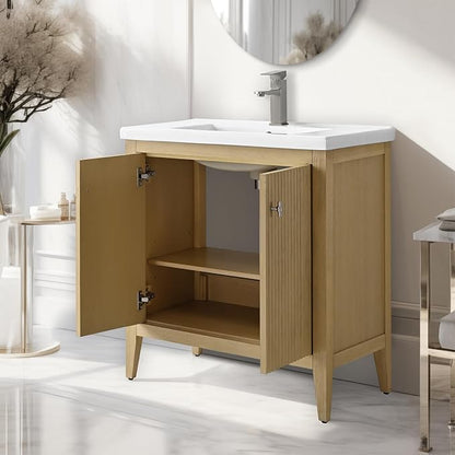 Vanity Art 30 inch Oak Bathroom Vanity with Single Sink & Ceramic Top, Vanity Cabinet with Soft-Closing Door, Solid Wood Frame, Linear Pattern, Natural Oak, VA9130-NO-MB,Matte Black Handles