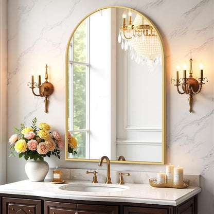 Bathroom Mirror for Wall, 36x24 Inch Arched Mirror, Matte Gold Metal Framed Bathroom Vanity Mirrors for Restroom Farmhouse, Anti-Rust, Tempered Glass, Hanging or Leaning
