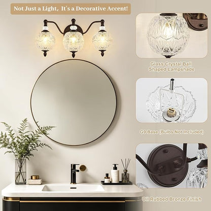 Vintage Bathroom Vanity Light, 3-Light Mid Century Oil Rubbed Bronze Finish Wall Sconce with Globe Glass Shades, Retro Mirror Light for Bathroom, Powder Room