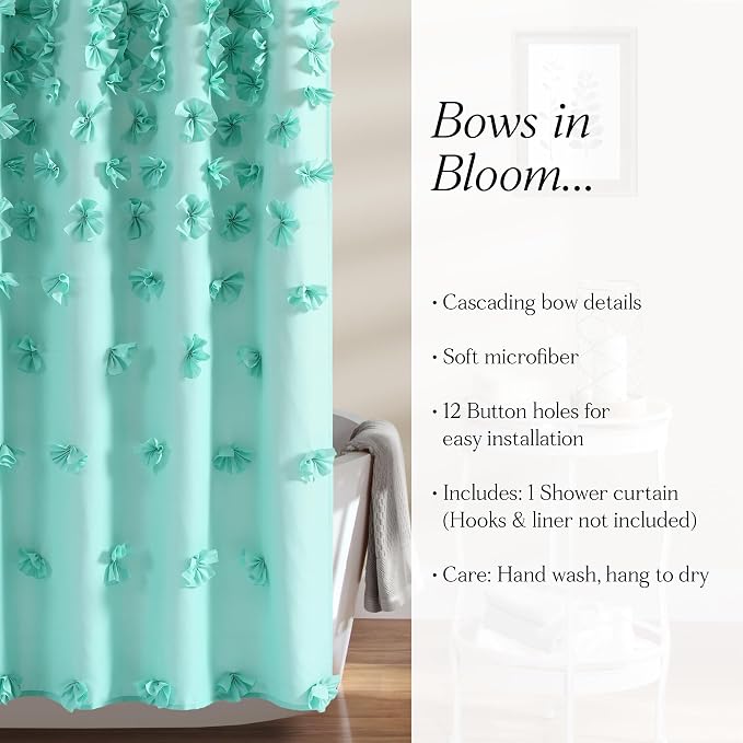 Lush Decor Riley Shower Curtain, 72" W x 72" L, Aqua - Bathroom Curtain - Coquette Decor - Bow Shower Curtains - Cottage Core - Fabric Shower Curtains