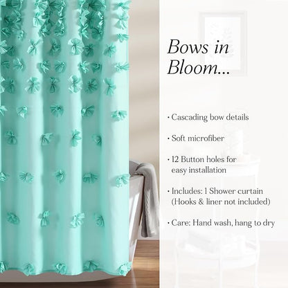 Lush Decor Riley Shower Curtain, 72" W x 72" L, Aqua - Bathroom Curtain - Coquette Decor - Bow Shower Curtains - Cottage Core - Fabric Shower Curtains