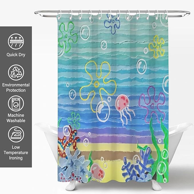 Cute Beach Ocean Anime Under Sea Jellyfish Shower Curtain Set 72x72 Inches | Ocean Jellyfish Coral Under Sea Print, Beach Apartment Kids Guest Housewarming Ocean Lover Bath Decor, With Fabric Hooks
