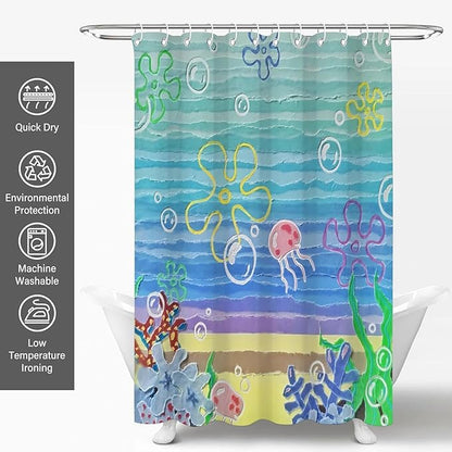 Cute Beach Ocean Anime Under Sea Jellyfish Shower Curtain Set 72x72 Inches | Ocean Jellyfish Coral Under Sea Print, Beach Apartment Kids Guest Housewarming Ocean Lover Bath Decor, With Fabric Hooks