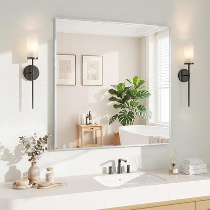 Koonmi Silver Rectangle Wall Mirror, 30x30 Inch Bathroom Mirror, Aluminum Frame Vanity Mirror for Entryway, Living Room, Bedroom Bathroom, Hangs Horizontally or Vertically