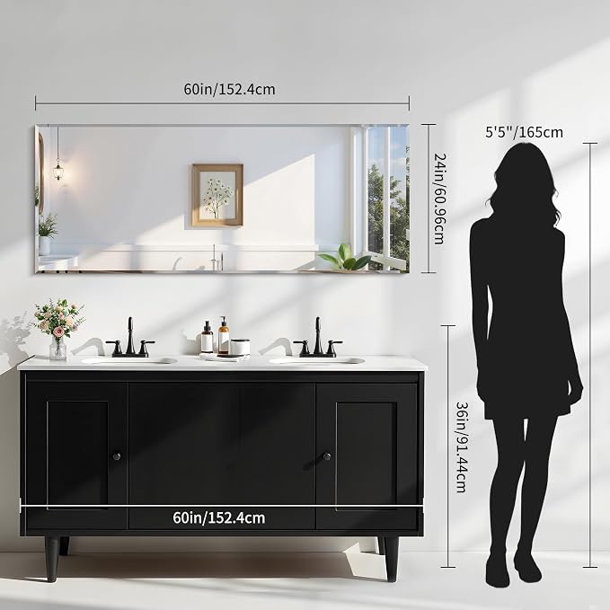 KOCUUY Beveled Mirror, 60x24 Inch Large Frameless Bathroom Mirror for Over Sink, Upgraded Shatterproof Beveled Unframed Design Mirror for Bathroom, Bedroom, Hang Horizontal/Vertical
