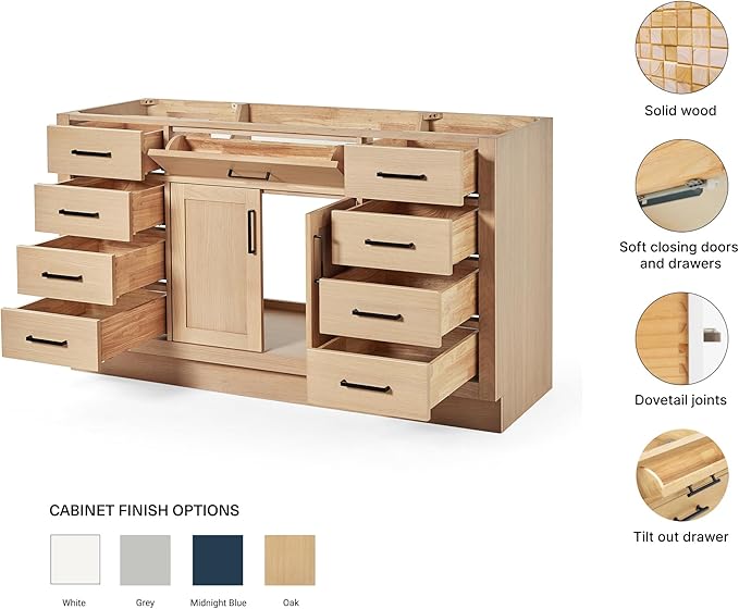 ARIEL Hepburn 60-inch Bathroom Vanity Base Cabinet,Solid Wood, 2 Soft Closing Doors, 9 Dovetail Drawers, White Oak