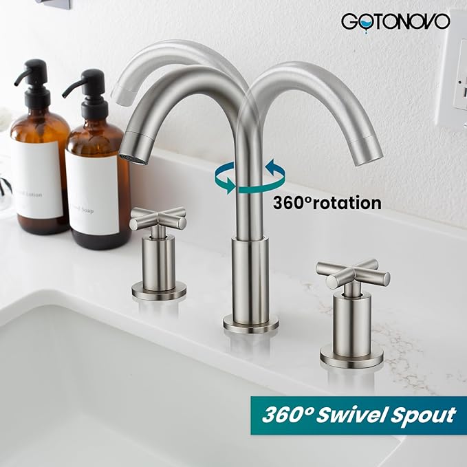 gotonovo 3 Hole Bathroom Faucet 8 inch Widespread Sink Vanity Faucet for Bathroom Sink 2 Cross Handle Deck Mount Basin with Pop Up Drain 360° Swivel Spout Brushed Nickel
