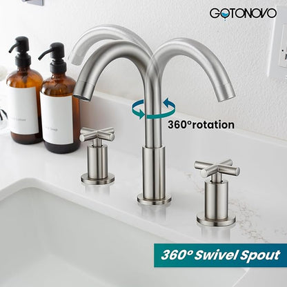 gotonovo 3 Hole Bathroom Faucet 8 inch Widespread Sink Vanity Faucet for Bathroom Sink 2 Cross Handle Deck Mount Basin with Pop Up Drain 360° Swivel Spout Brushed Nickel