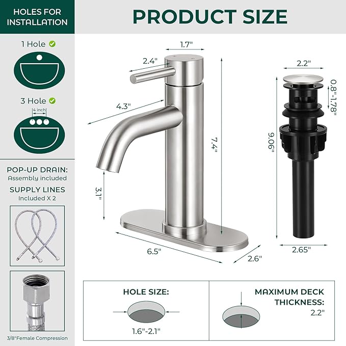 Brushed Nickel Bathroom Faucets, Modern Bathroom Sink Faucet Single Handle Bathroom Faucet for 1 or 3 Hole, Mixer Tap Vanity Faucet with Deck Plate, Pop-up Drain and Supply Hoses