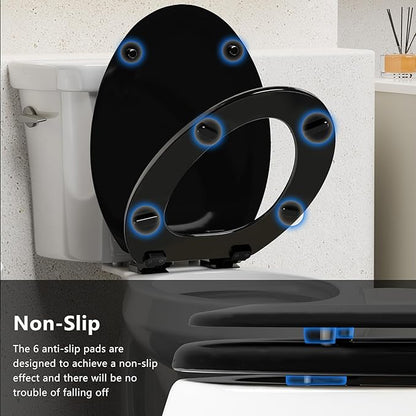 Angol Shiold Quiet-Close Molded Wood Toilet Seat with Non-Slip Adjustable Hinges, Anti-Pinch Bumpers, Easy Install & Clean（Black, Elongated 18.5''）