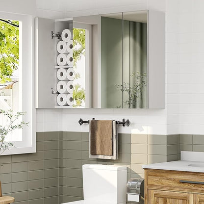 Medicine Cabinets Bathroom Mirror Cabinet with 3 Door 31.5x23.6 Inch Bathroom Wall Cabinet with Mirror Wall Mirror Storage Shelf with 3-Adjustable Shelves Storage Organizer Kitchen Cupboard,White